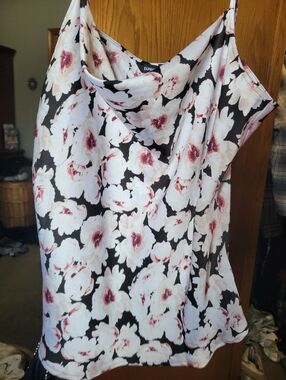 Express Floral Cowl Neck Camisole - Black & White with Pink Accents